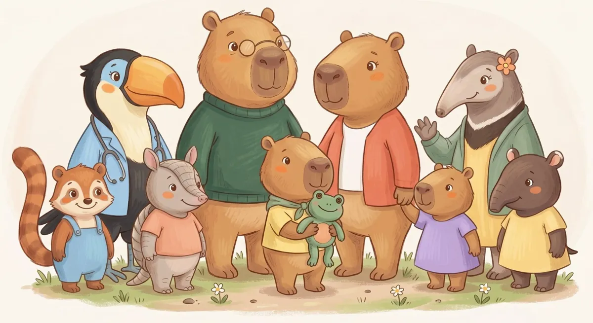 O Teo e seus amigos: mamãe, papai, Lila, Kiki, Tatu, Bia, Dra. Tuca e professora Mel
