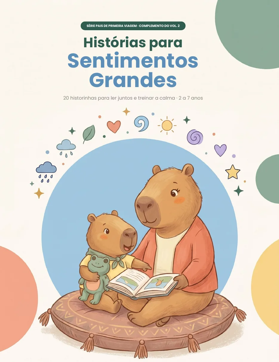Capa do livro Histórias para Sentimentos Grandes, com o Teo lendo no colo da mamãe