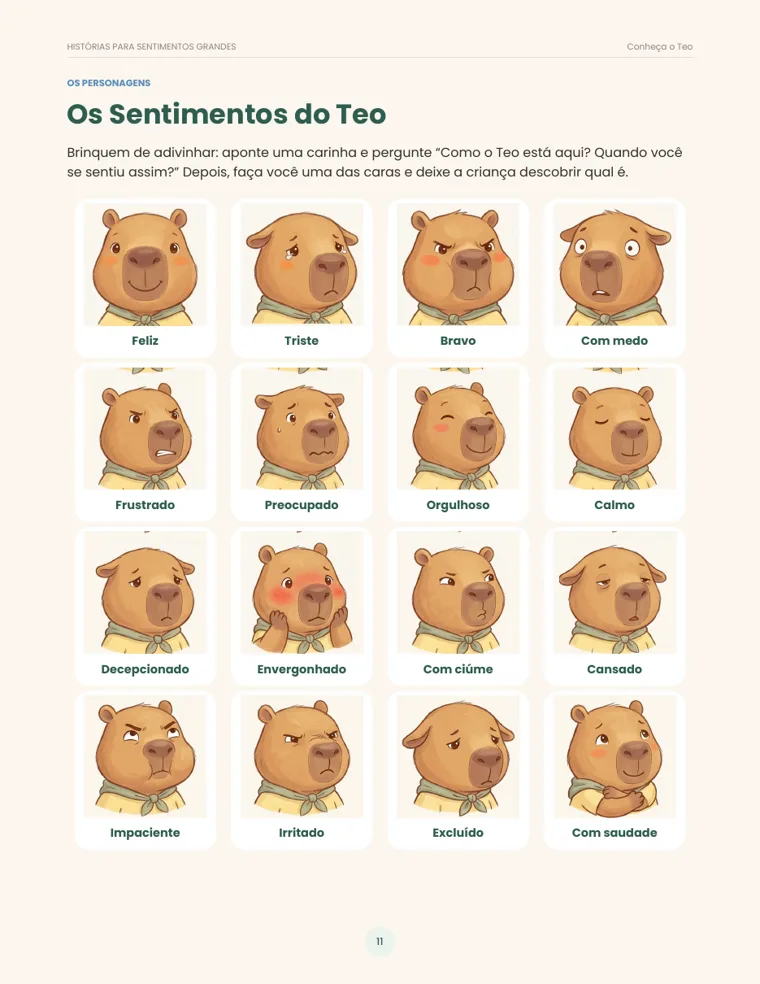 Página com as 16 carinhas de sentimentos do Teo