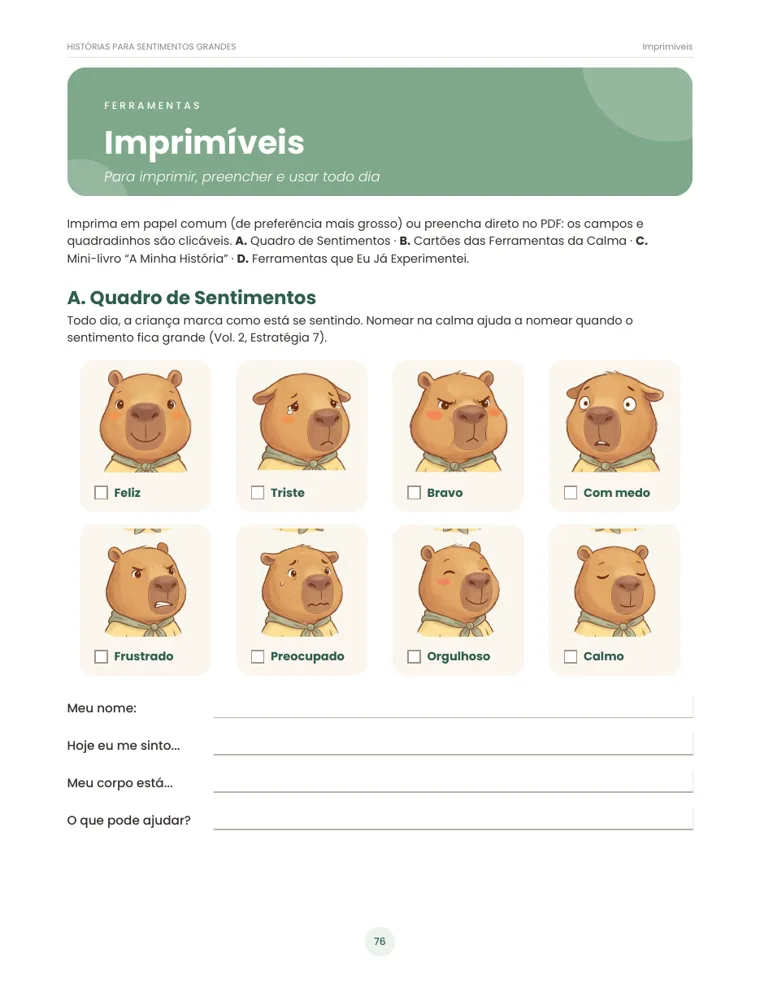 Imprimível Quadro de Sentimentos, com campos para preencher